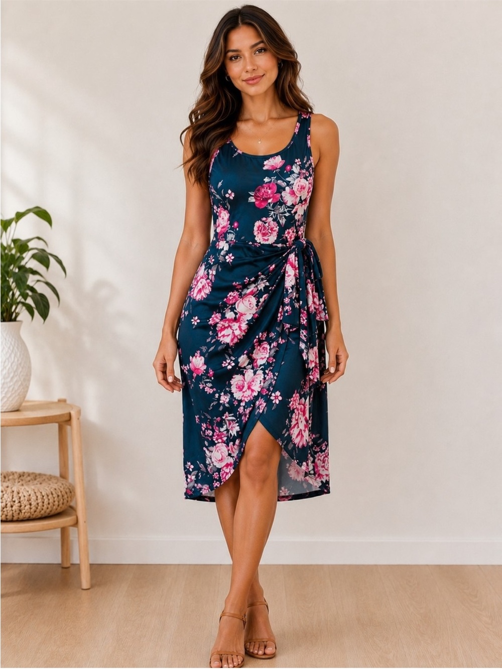 SHEIN Navy Floral Tie-Side Midi Dress with Pink Blooms Size Small